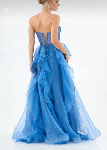 Işıltılı Straplez Mavi Uzun Abiye Elbise Nisanlik - Görsel 4