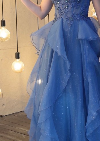 Işıltılı Straplez Mavi Uzun Abiye Elbise Nisanlik - Görsel 3