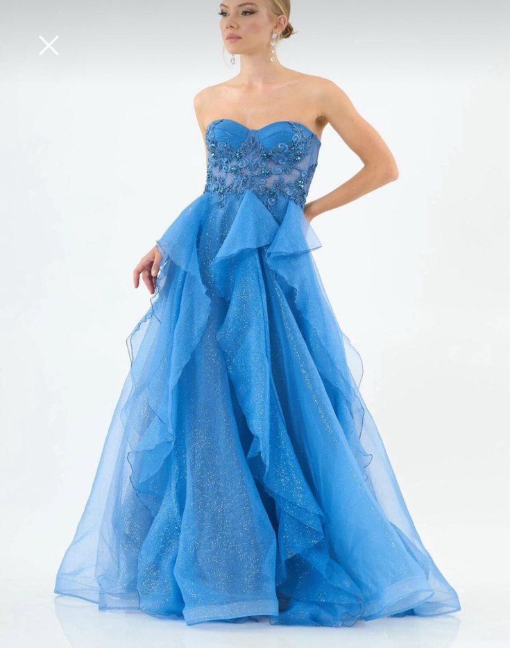 Işıltılı Straplez Mavi Uzun Abiye Elbise Nisanlik - Görsel 5