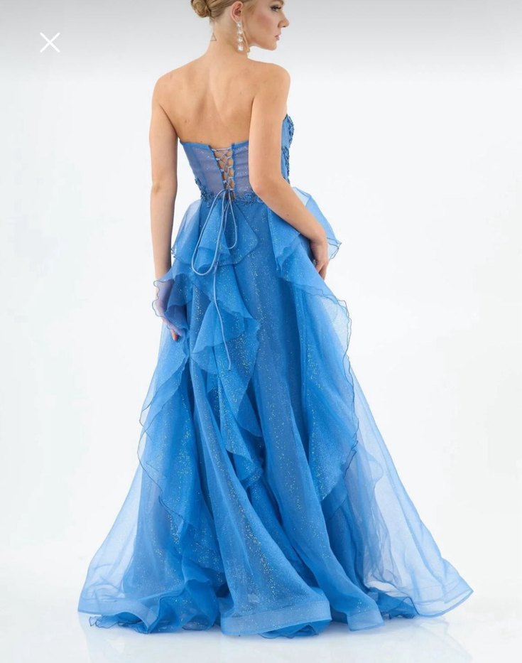 Işıltılı Straplez Mavi Uzun Abiye Elbise Nisanlik - Görsel 4