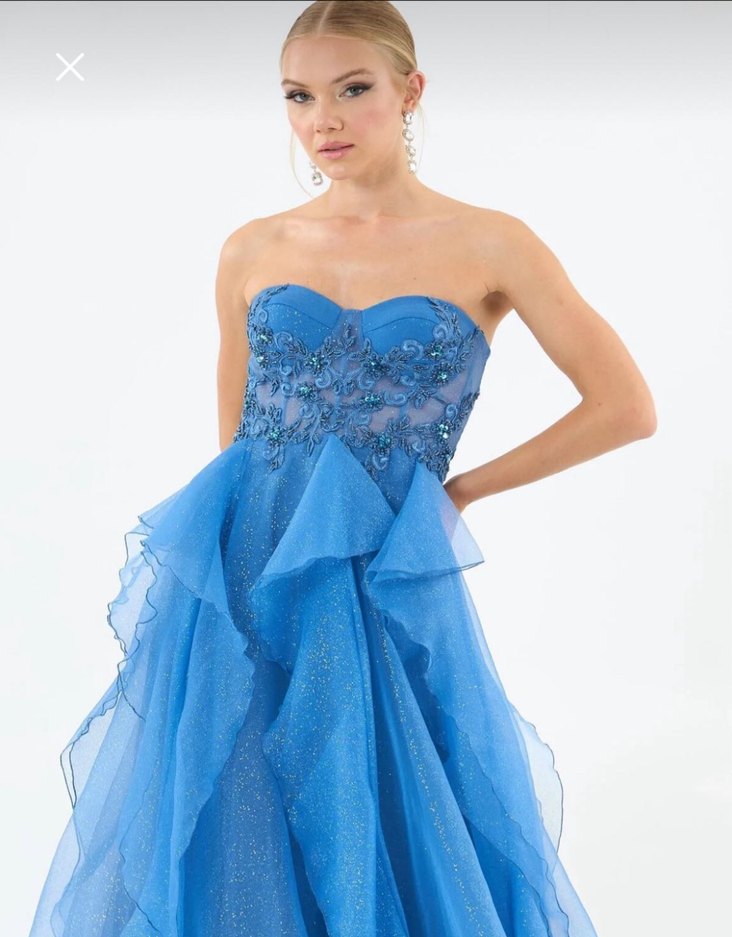 Işıltılı Straplez Mavi Uzun Abiye Elbise Nisanlik - Görsel 2