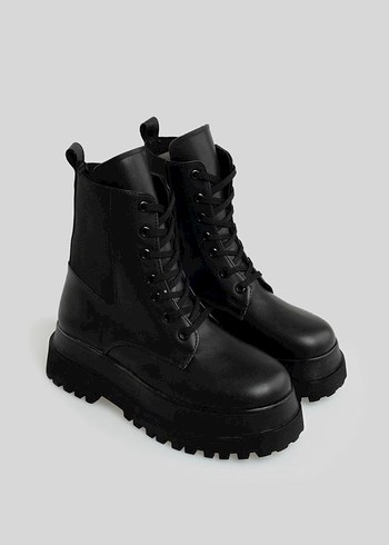 Siyah Deri Platform Topuklu Punk Botlar