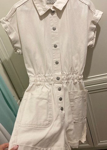 Düğmeli Beyaz Kot Mini Tulum - Görsel 2