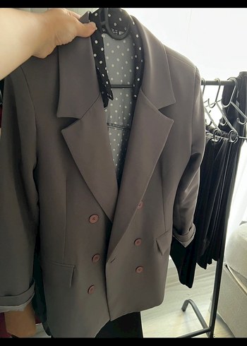 Gri Çift Düğmeli Kadın Blazer Ceket
