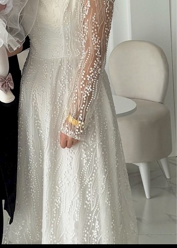 Uzun Kollu Beyaz A Kesim Dantel Gelinlik - Görsel 2