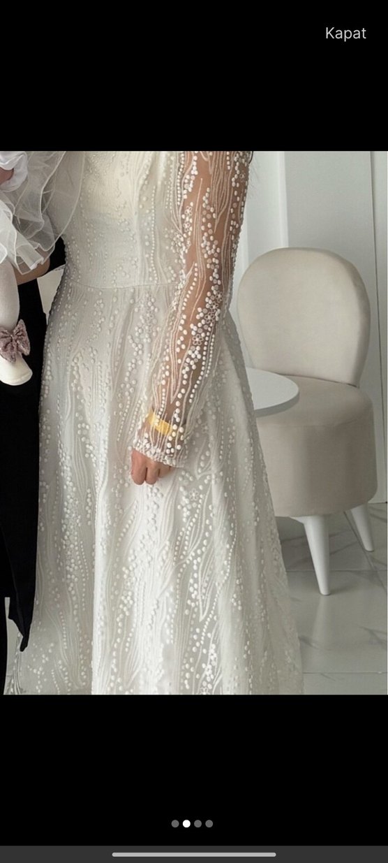 Uzun Kollu Beyaz A Kesim Dantel Gelinlik - Görsel 2