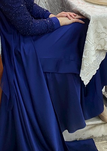 Uzun Lacivert Drapeli Kadın Abiye Elbise - Görsel 4