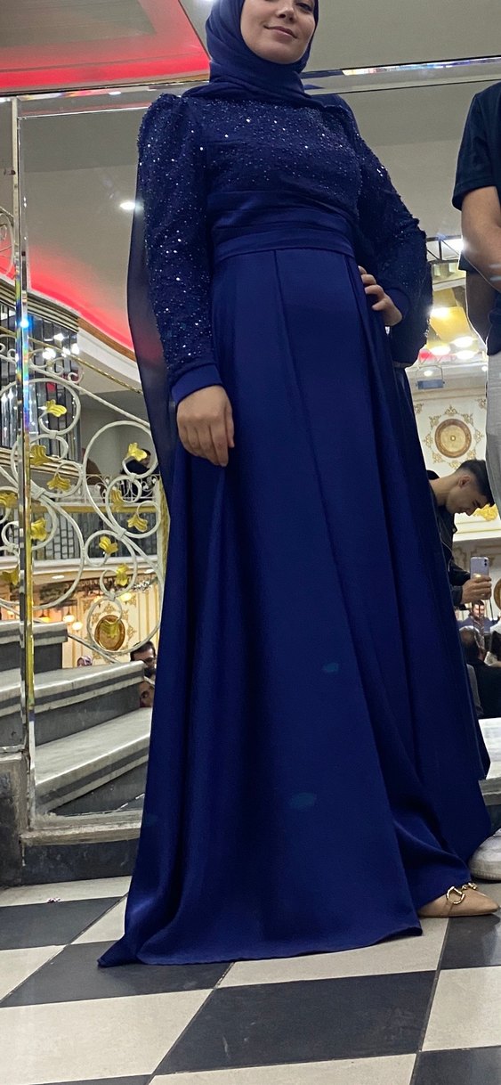 Uzun Lacivert Drapeli Kadın Abiye Elbise - Görsel 3