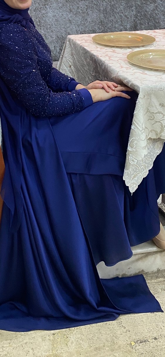 Uzun Lacivert Drapeli Kadın Abiye Elbise - Görsel 4