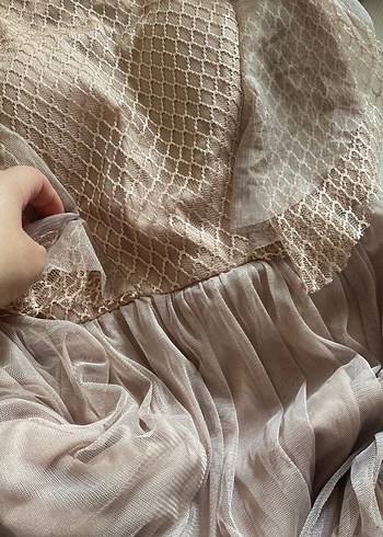 Bej Bohem pudra Uzun abiye kesim Elbise Fırfırlı - Görsel 2