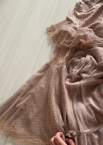 Bej Bohem pudra Uzun abiye kesim Elbise Fırfırlı - Görsel 4