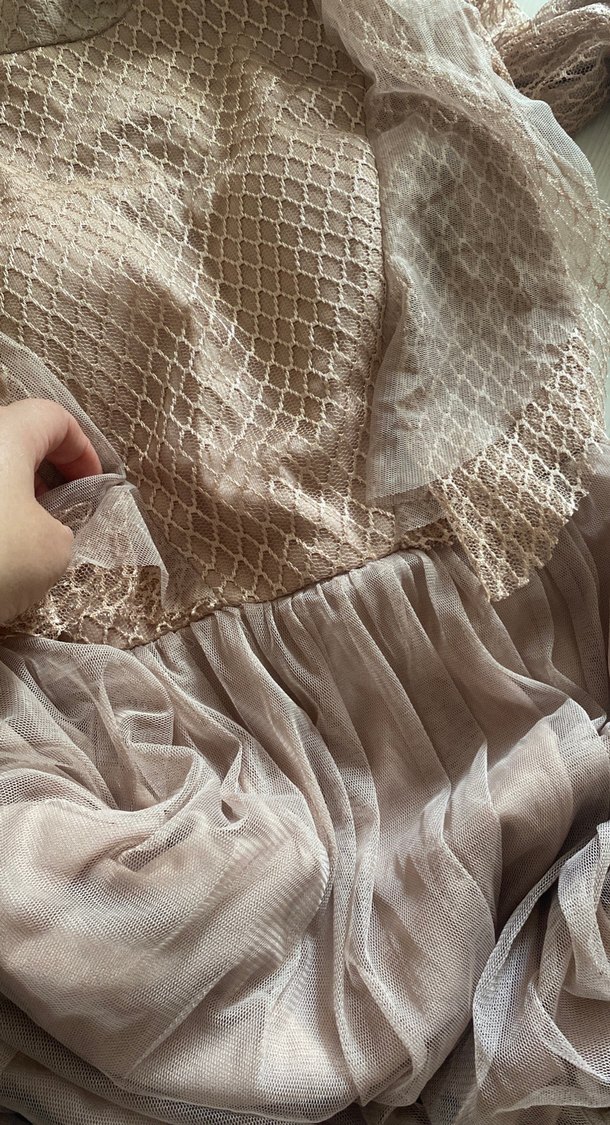 Bej Bohem pudra Uzun abiye kesim Elbise Fırfırlı - Görsel 2