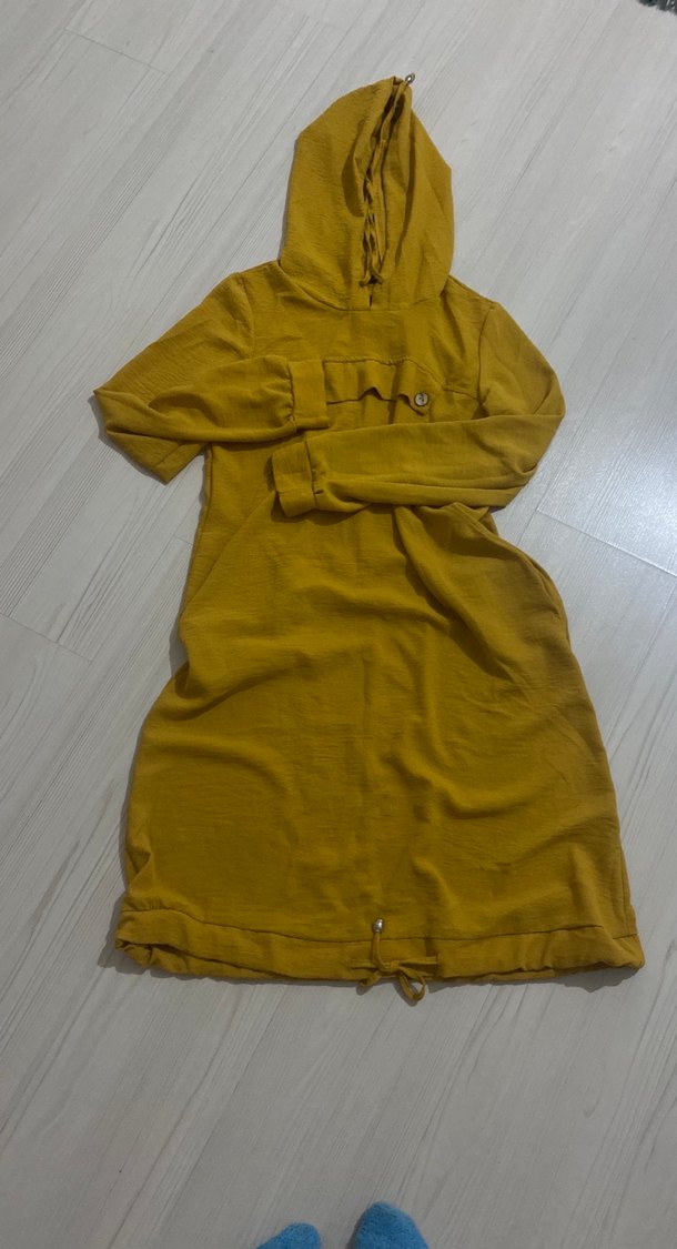 Kapüşonlu Uzun Sarı Kadın tunik - Görsel 4