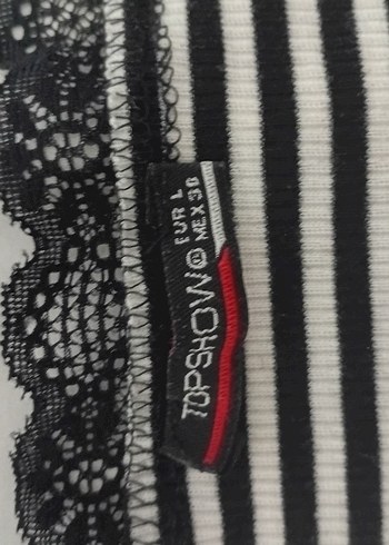 Topshop Dantel Detaylı Siyah Beyaz Çizgili Kadın Tişört