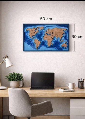 30cmx49cm 3D Ahşap Dünya Haritası  | Katmanlı Modern Duvar Dekor - Görsel 2