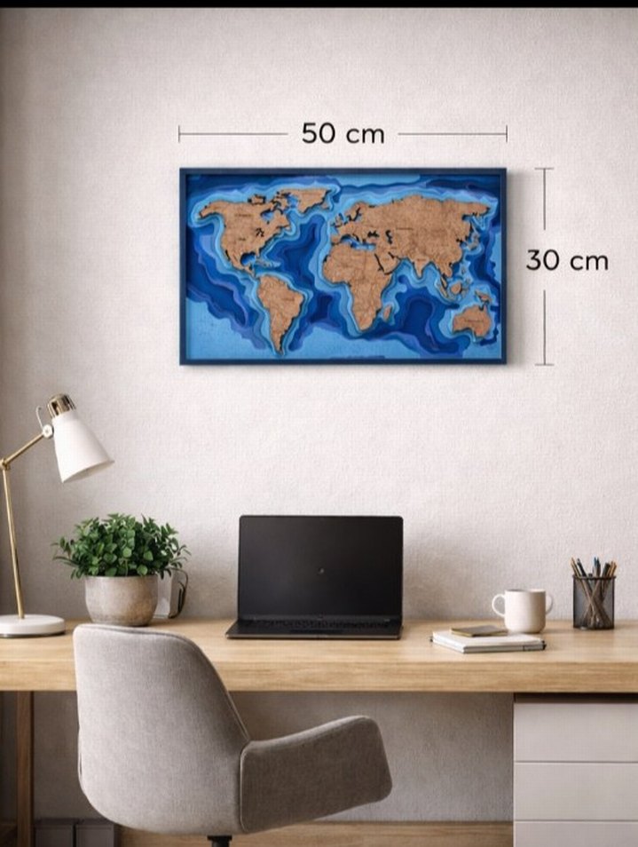 30cmx49cm 3D Ahşap Dünya Haritası  | Katmanlı Modern Duvar Dekor - Görsel 2