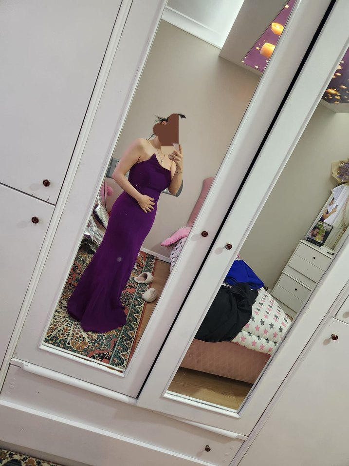 Mor Uzun Drapeli  askili Abiye Elbise - Görsel 2