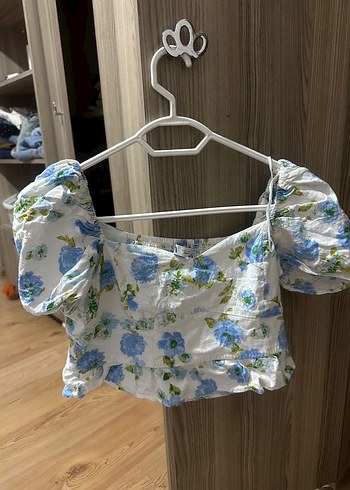 Mavi Çiçekli Mini Keten Bluz