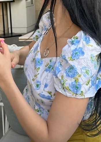 l Beden Mavi Çiçekli Mini Keten Bluz