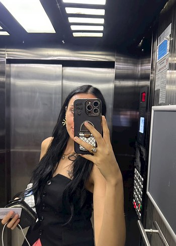 Diğer Düğmeli Siyah Straplez Mini Büstiyer