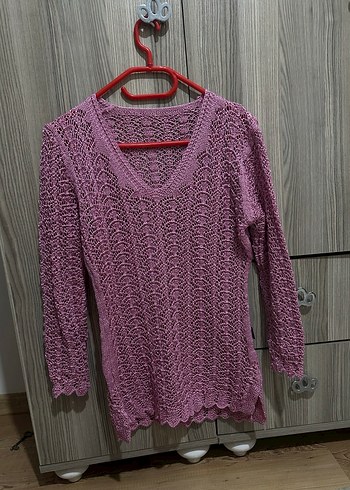 Mor V Yaka Örgü Bohem Kadın Kazak - Görsel 2