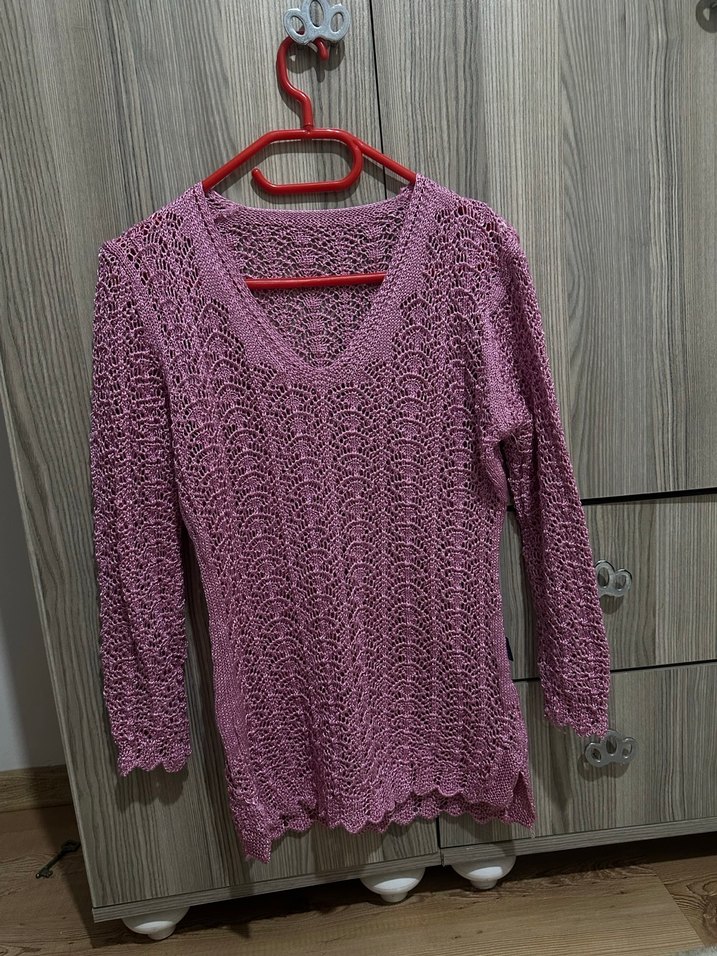 Mor V Yaka Örgü Bohem Kadın Kazak - Görsel 2