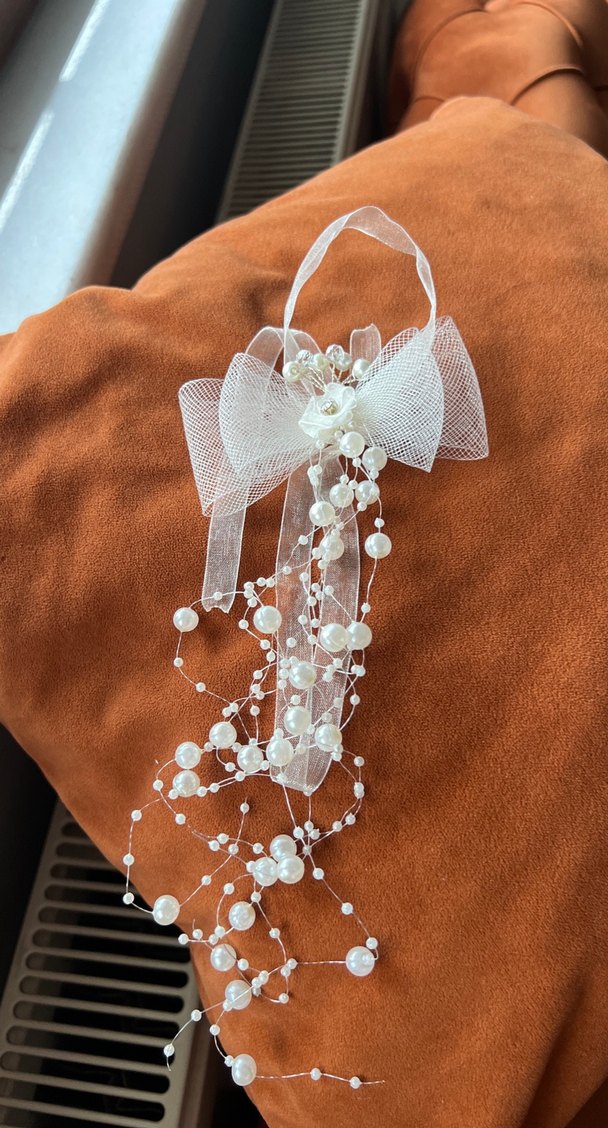 Boncuklu Beyaz Örgü Saç Aksesuarı gelin nikah tacı incili çiçekl - Görsel 3