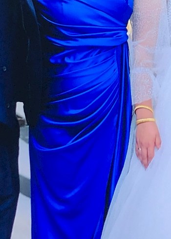 Abiye Parlak Mavi Drapeli Uzun Abiye Elbise
