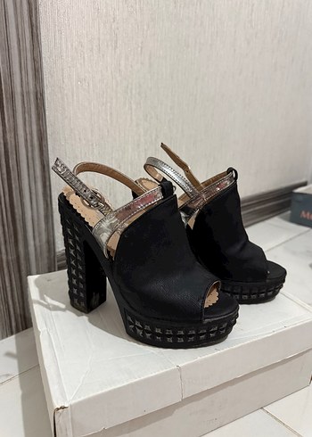 Siyah Parlak Yılan Desenli Platform Topuklu - Görsel 2