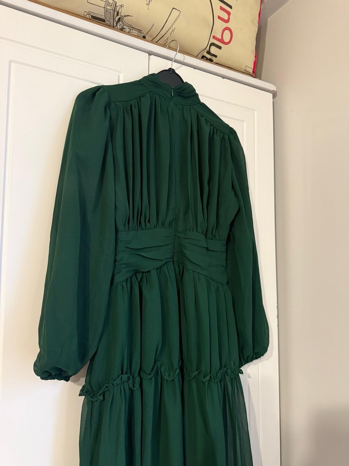 Uzun Kollu Koyu Yeşil Uzun Elbise - Görsel 2