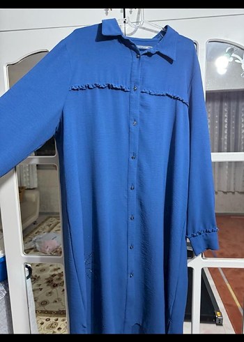Mavi Uzun Kollu Fırfırlı Salaş Tunik