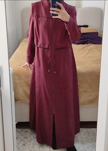 46 Beden Bordo Uzun Kollu Kemerli Elbise
