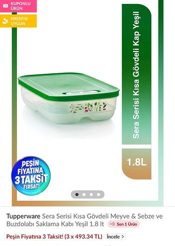 Tupperware Sera Serisi 1.8L Kısa Gövdeli Saklama Kabı