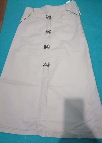 Pudra rengi leopar fiyonk detaylı uzun keten etek - Görsel 4