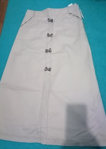 Pudra rengi leopar fiyonk detaylı uzun keten etek - Görsel 3