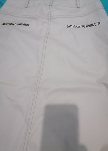 Pudra rengi leopar fiyonk detaylı uzun keten etek - Görsel 5