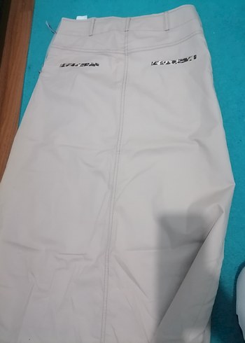 Pudra rengi leopar fiyonk detaylı uzun keten etek - Görsel 6