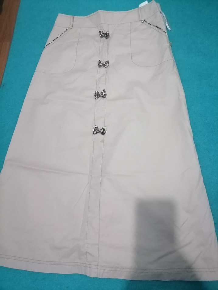 Pudra rengi leopar fiyonk detaylı uzun keten etek - Görsel 4