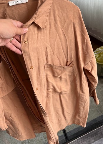 Bej Keten Düğmeli Kadın Gömlek - Görsel 3