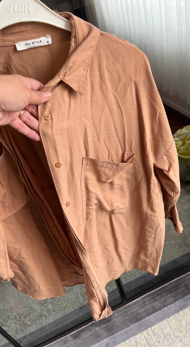 Bej Keten Düğmeli Kadın Gömlek - Görsel 3