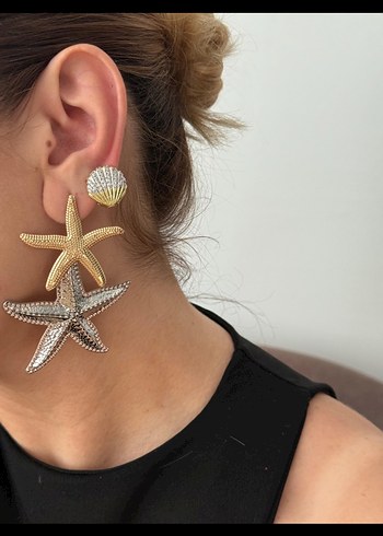 Boncuk İşlemeli Altın Gri Deniz Yıldızı Küpeler - Görsel 2