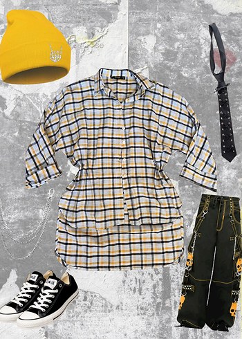 Emo Grunge Sarı Ekoseli Yarım Kollu Gömlek