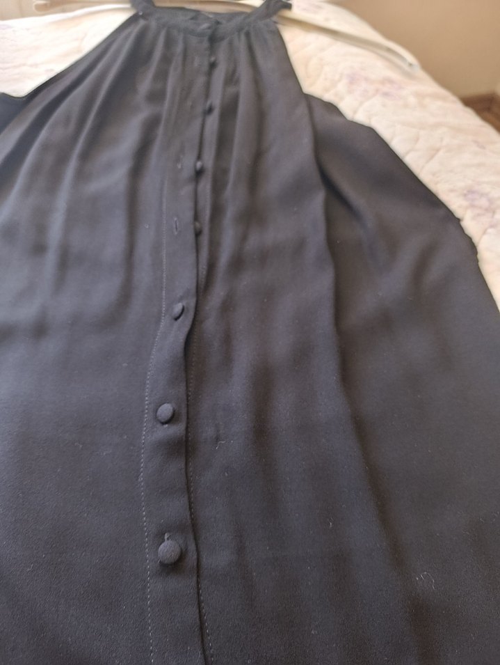 Siyah Keten Düğmeli Elbise - Görsel 5