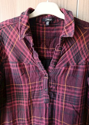 Bordo Ekose Desenli Uzun Kollu Kadın Gömlek Elbise - Görsel 2