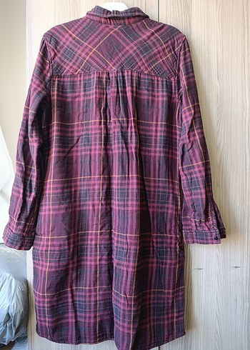 Bordo Ekose Desenli Uzun Kollu Kadın Gömlek Elbise - Görsel 6