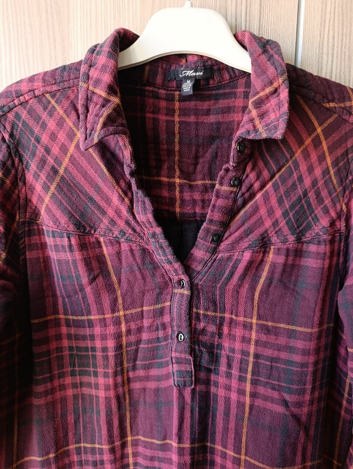 Bordo Ekose Desenli Uzun Kollu Kadın Gömlek Elbise - Görsel 2