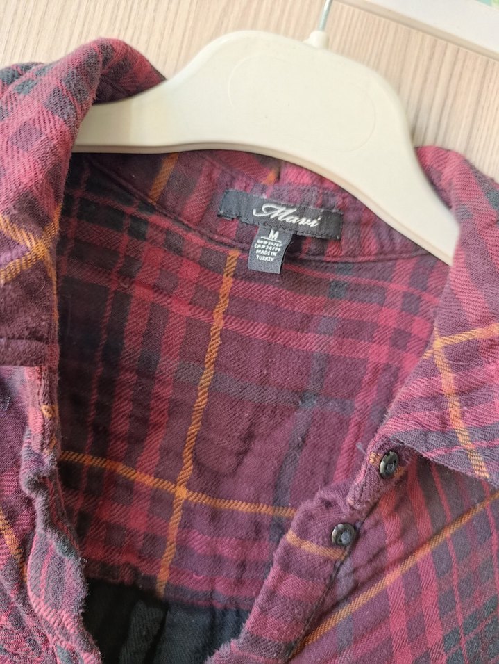 Bordo Ekose Desenli Uzun Kollu Kadın Gömlek Elbise - Görsel 3