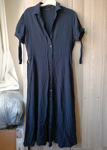 Siyah Uzun Keten Gömlek Elbise - Görsel 2