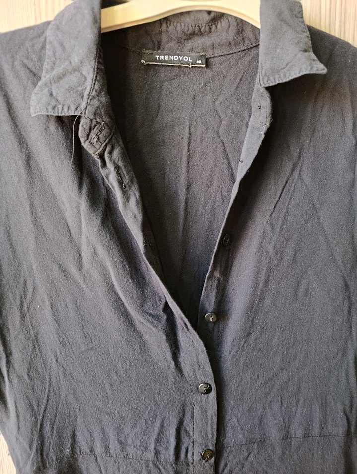 Siyah Uzun Keten Gömlek Elbise - Görsel 3