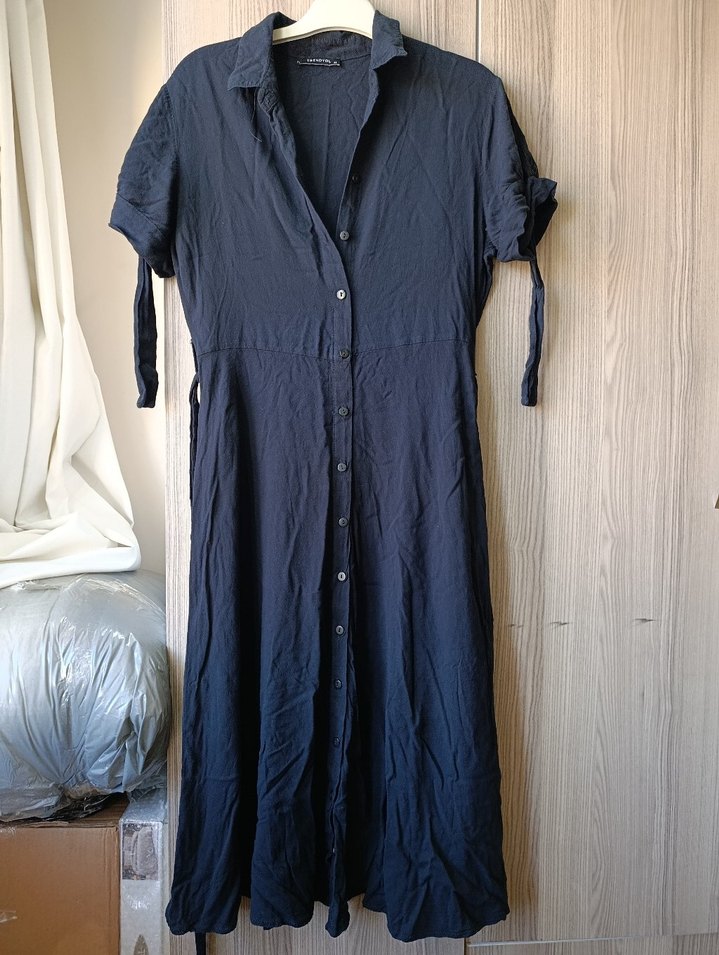 Siyah Uzun Keten Gömlek Elbise - Görsel 2